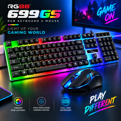 RGBB 699GS RGB USB Wired Gaming Keyboard and Mouse Combo – Standard Multifunctional Keyboard with Vibrant RGB Backlighting, Fashion Design & Laptop Compatibility